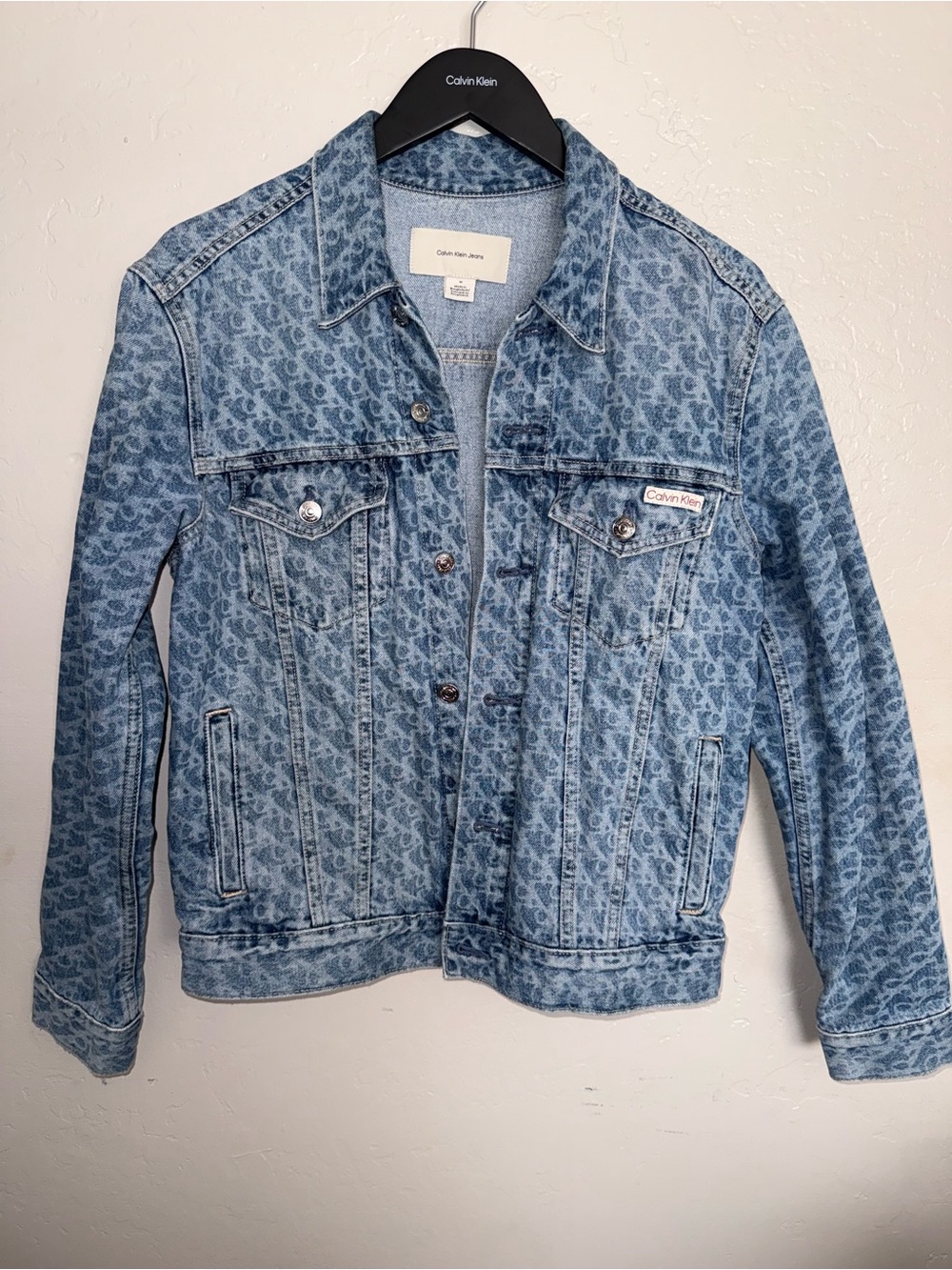 Calvin Klein Jeans Light Blue All Over Logo CK Printed Denim Trucker Jacket